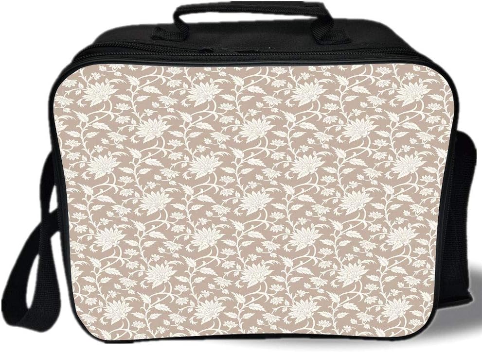 Insulated Lunch Bag,Floral,Floral Arrangement with Monochrome Design Natural Elements Abstract Pattern Leaves,Tan Cream,for Work/School/Picnic, Grey