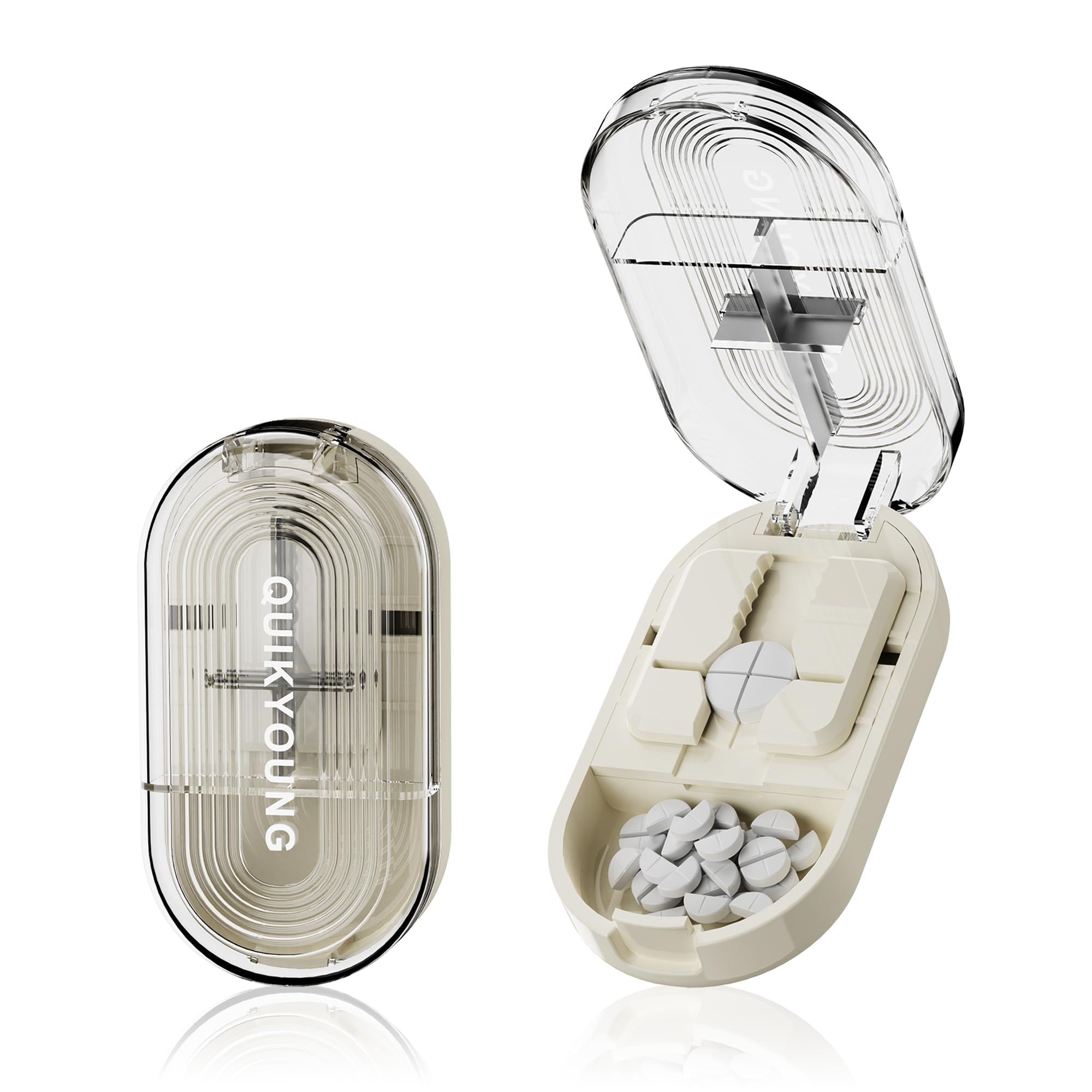 Photo 1 of QUIKYOUNG Pill Cutter Pro Professional Pill Splitter for Small Tiny and Large Pills with Double Stainless Steel Blades Centering Guide Tablet Vitamin Cutter Halves Quarters Medical Grade (White)