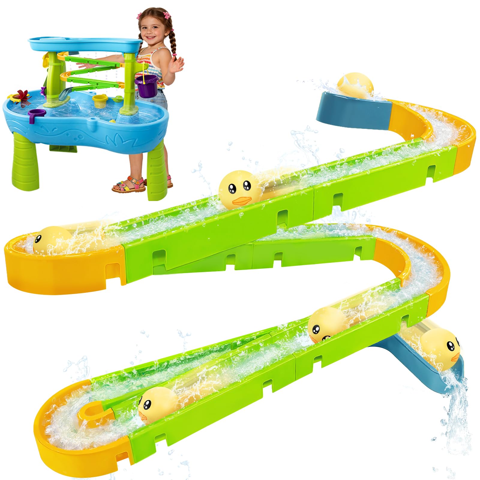 Water Slide Toys for Step2 Rain Showers Water Table Accessories, Quick-Install Summer Outdoor Water Play Table Toys Track Building Set with 6 Duck-Face Rolling Balls for Toddlers Kids Ages 3+
