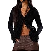 WDIRARA Women's Fuzzy Trim Cardigan Sweater Goth Punk V Neck Long Sleeve Knit Outerwear