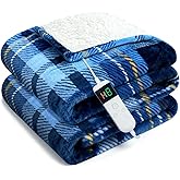 Electric Blanket Heated Throw, Soft Flannel 50"x60" Plaid Heating Blanket with 8 Hours Auto Off 10 Fast Heating Levels Machine Washable Sherpa Heated Blanket with Overheating Protection