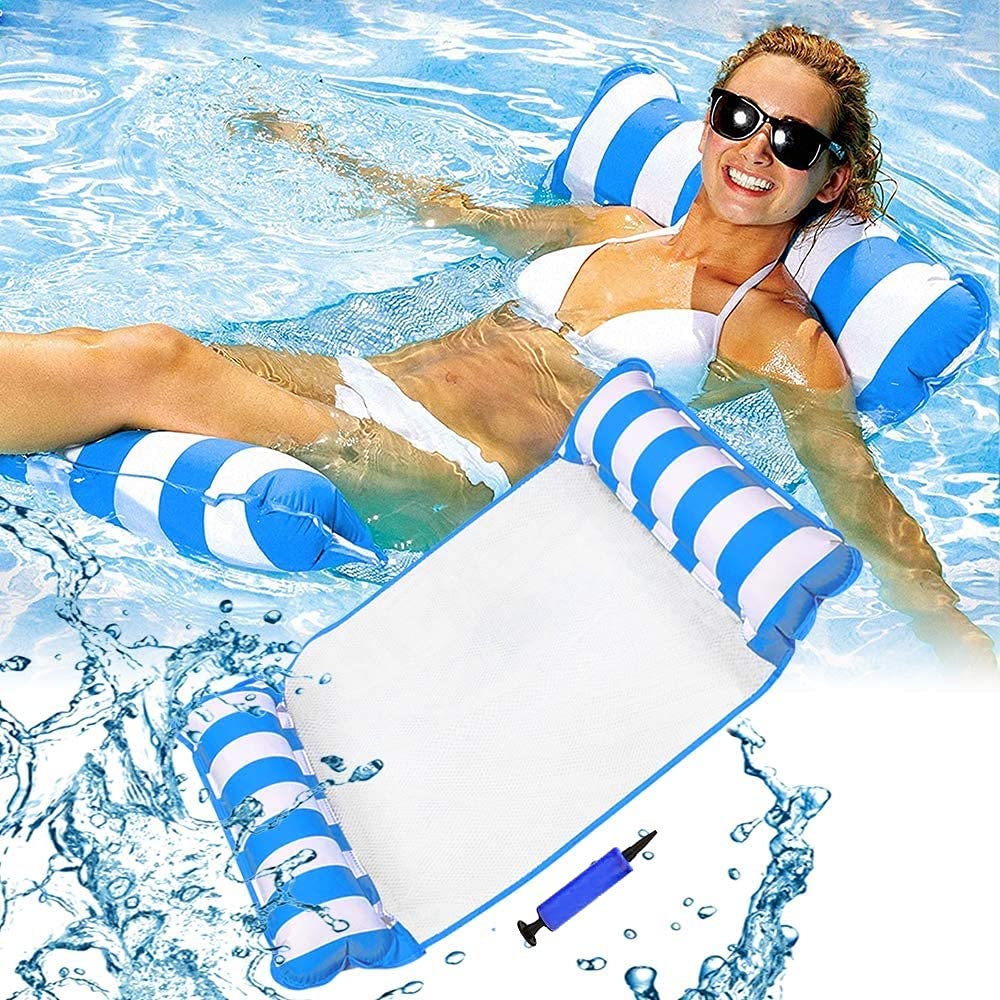 LATERN 130CM Swimming Pool Float Hammock, 4-in-1 Saddle/Lounge Chair/Hammock/Drifter Inflatable Float Bed Raft Recliner Beach Hot Tub Mat (Blue)