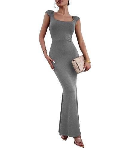 VintageClothing Womens Bodycon Maxi Dresses Square Neck Elegant Casual Lounge Long Club Party Tight Dress, M Brown : Clothing, Shoes & Jewelry