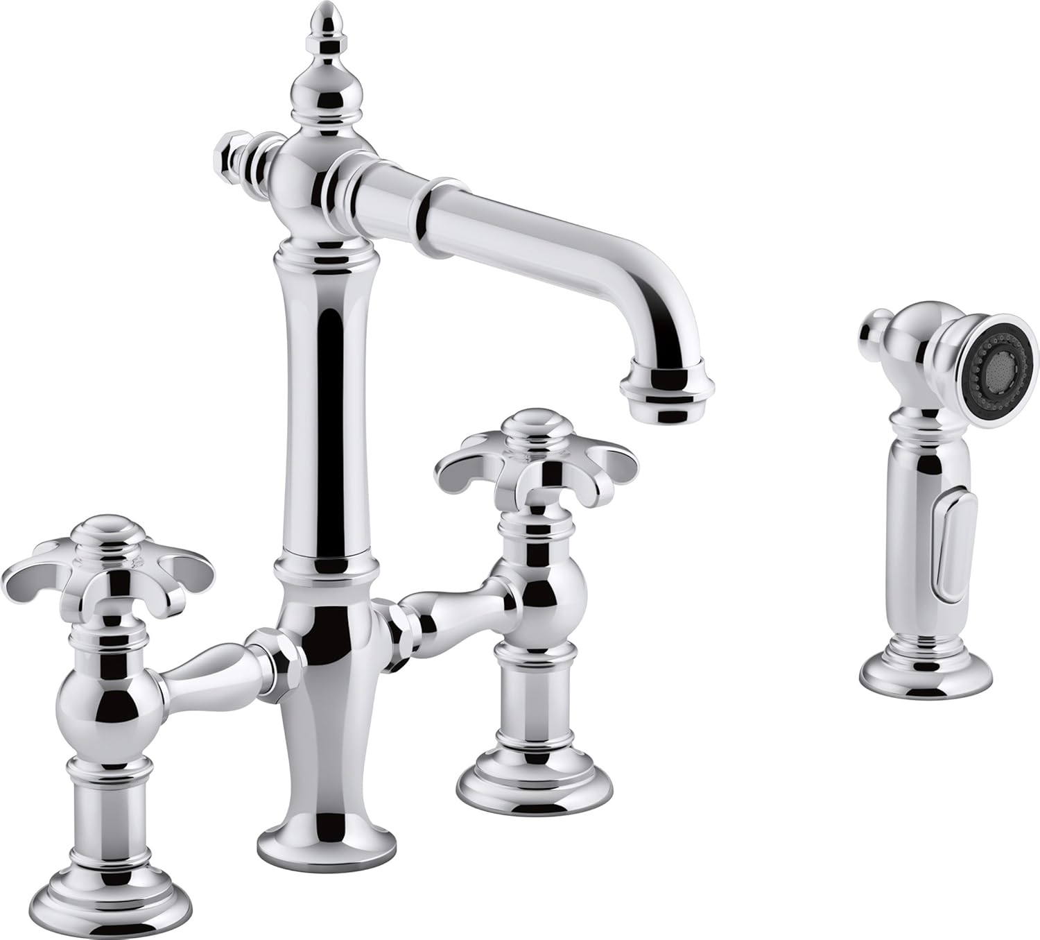 Kohler K-76520-3M-CP Artifacts Deck-Mount Bridge bar Sink Faucet with Prong Handles and sidespray Polished Chrome
