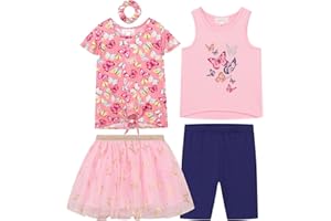 BTween Girls 4 Pack Floral Fashion Summer Clothes Set - Tutu Skirt Tank Top Short Sleeve and Biker Shorts
