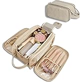 SUBAOQI Travel Toiletry Bag for Women Men, Large Travel Toiletry Organizer Makeup Bag, Hanging Cosmetic Bag dopp kit Leather skin care Waterproof Shaving Bag for Toiletries Accessories (beige)