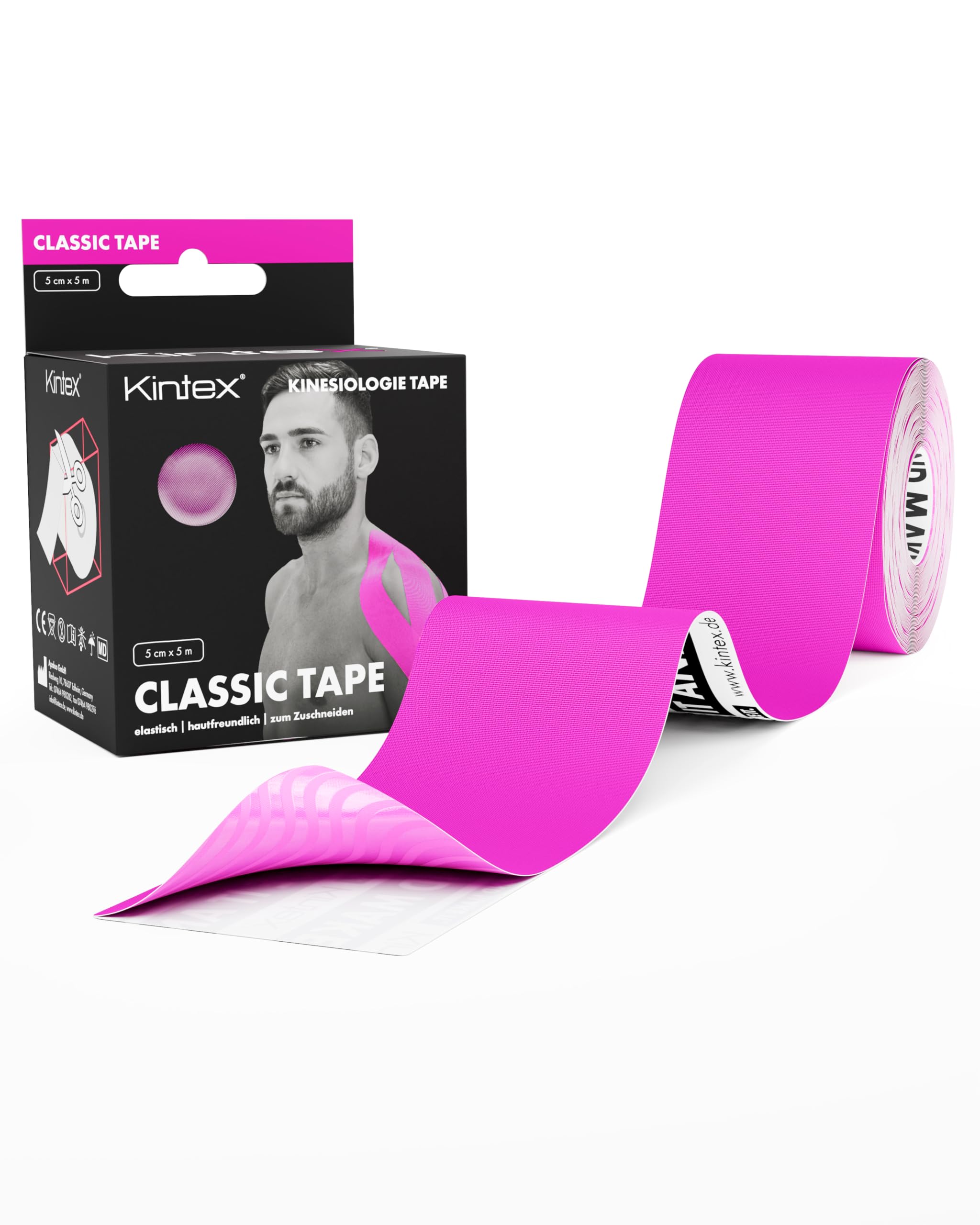 Kintex Kinesiology Tape Classic - Self-Adhesive, Elastic, Waterproof and Anti-Allergic - Sports and Kinesiotape for Use in Sports Injuries - Pink - 5 cm x 5 m