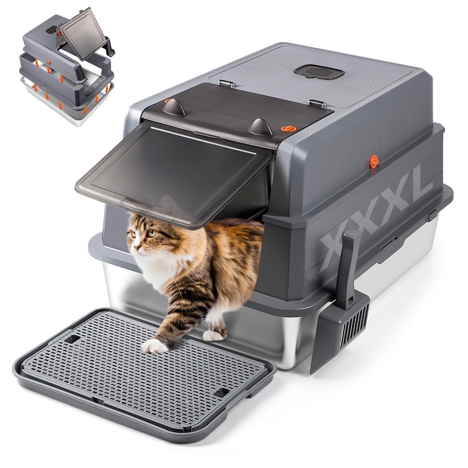 Photo 1 of Bartuke XXXL Stainless Steel Litter Box with Lid, Extra Large 28" L x 20" W x 17" H Enclosed Metal Cat Litter Box with Litter Scoop & Foot Pedal, Odor Control, Easy Cleaning for Big Cats (Dark Grey)