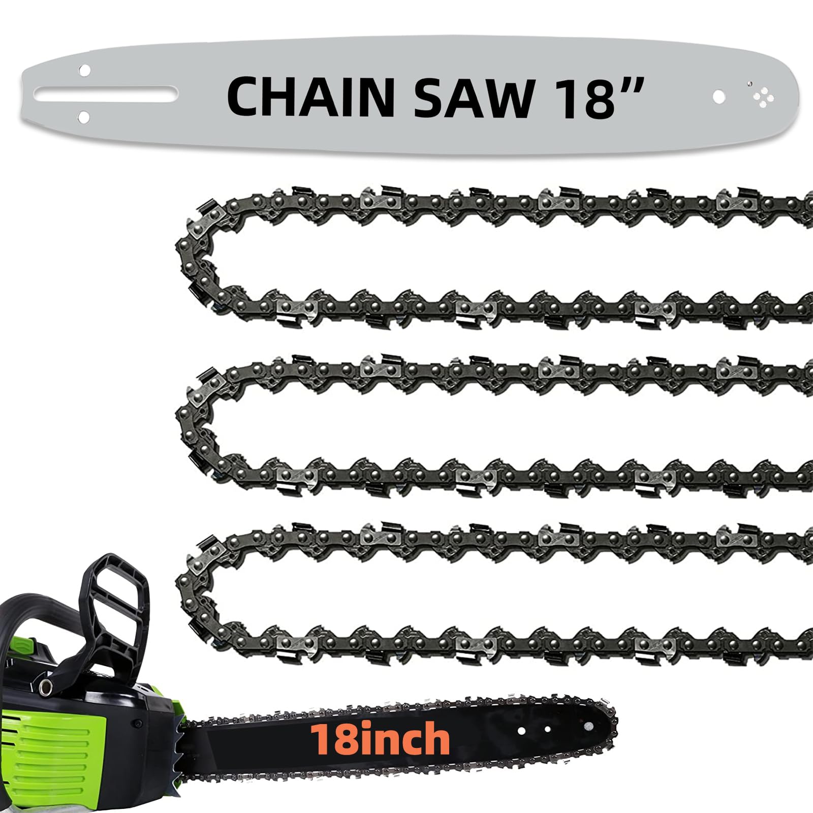 Photo 1 of 18 Inch Chainsaw Guide Bar and Chains 62 Drive Links, 3/8" LP Pitch, 050" Gauge, 18-Inch Replacement Chainsaw Chains Compatible with Husqvarna, Echo, Poulan, Craftsman and more (1 Bar + 3 Chains)