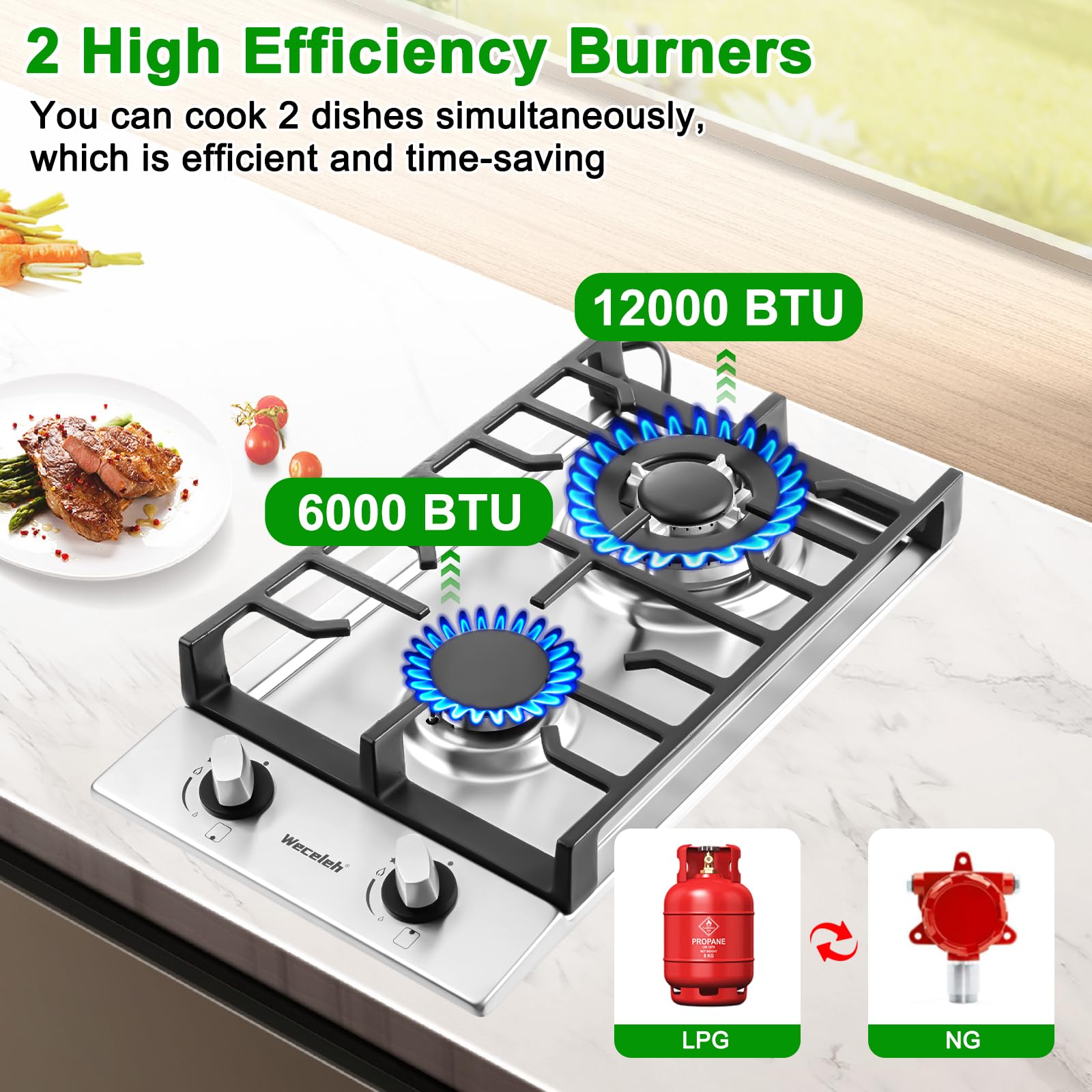 Gas Cooktop 2 Burners Built-in Gas Stove Top,LPG/NG Dual Fuel Continuous Grates,Auto Ignition,Thermocouple Protection,Stainless Steel,Heavy Duty Cast Iron 120V (12 inch)