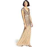 Adrianna Papell Womens Long Beaded V-Neck Dress with Cap Sleeves and Waistband