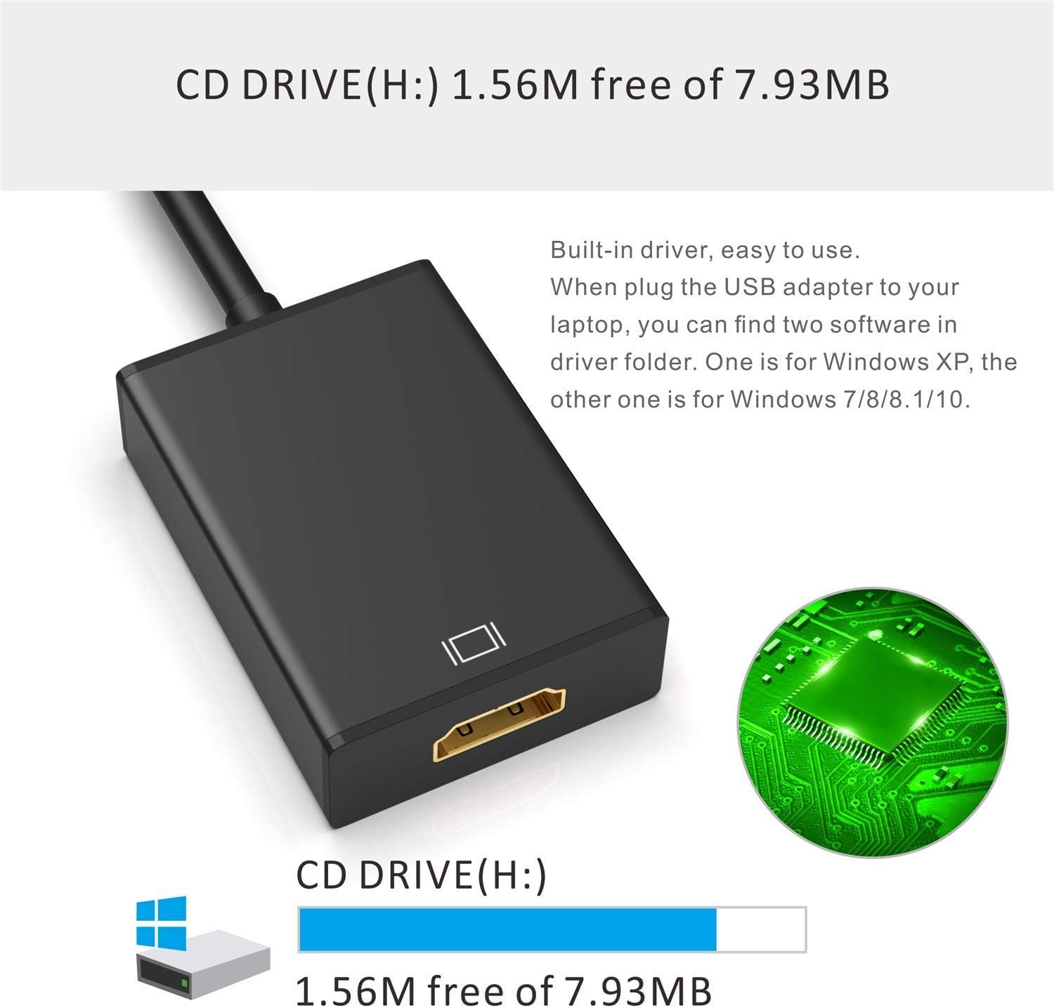USB to HDMI Adapter,ABLEWE USB 3.0/2.0 to HDMI 1080P Video Graphics Cable Converter with Audio for PC Laptop Projector HDTV Compatible with Windows XP 7/8/8.1/10[MAC OS not Supported]: Computers & Accessories