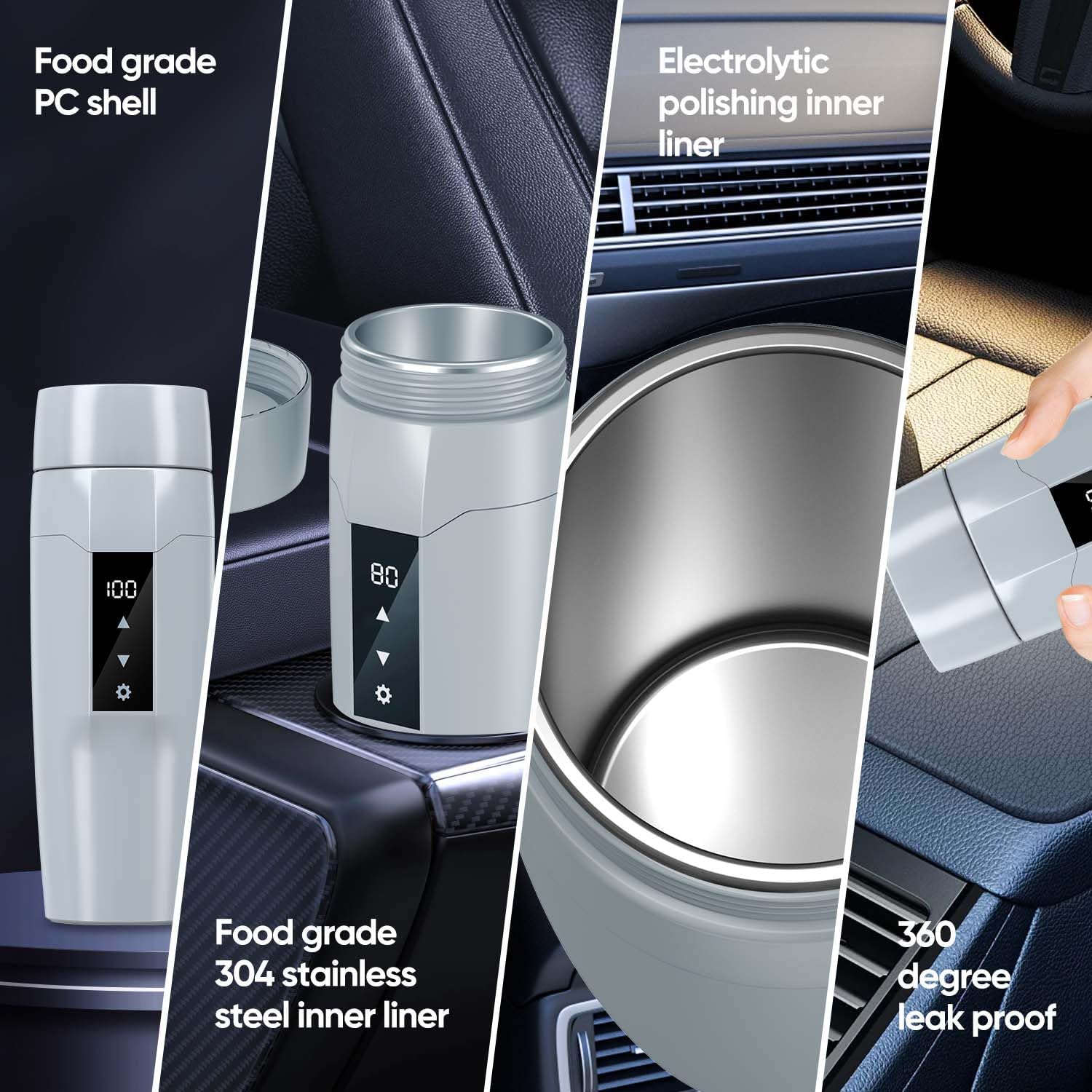 12V Auto elektrische Heizung Wasserkocher mit Temperaturregelung,40~100℃einstellbar,Mini tragbare elektrische Wasserbecher,Anti-Leck,80W schnelle Heizung Isolierung Becher,Auto- Abschaltung,Gray 4