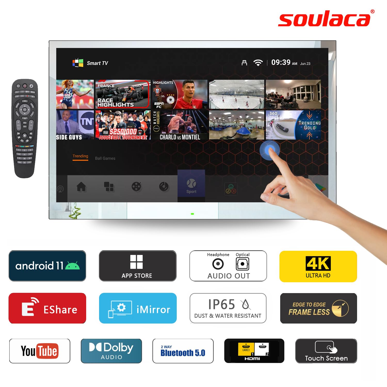 Soulaca 32 inches 4K Touchscreen Android Bathroom Mirror LED Smart TV IP65 Waterproof UHD WiFi Bluetooth Frameless ATSC SPA Hotel 2025 Model