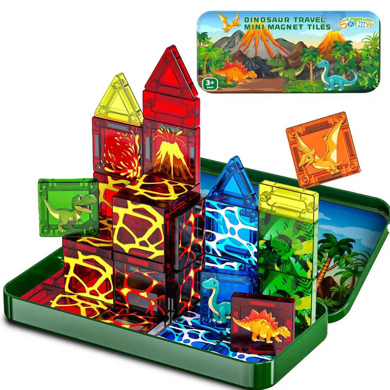 SKTMYY Mini Magnetic Tiles,Dinosaur Themed Travel Magnetic Tiles Set with Iron Box for Kids Ages 3+,Car Airplane Travel Essential,Educational Preschool Toys,Birthday Gifts