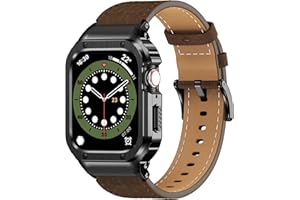 SUPLINK Leather Band with Stainless Steel Case for Apple Watch Ultra 3/2/1 & SE 3/2/1 & Series 11 10 9 8 7 6 5 4 3 2 1 49mm 46mm 45mm 44mm 42mm 41mm 40mm 38mm,Rugged Bumper for Men