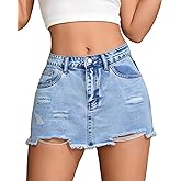 Flvsun Y2K Low Rise Denim Mini Skirt for Women Distressed Raw Hem Light Wash 2000s Vintage A-Line Short Skirts Non-Stretch