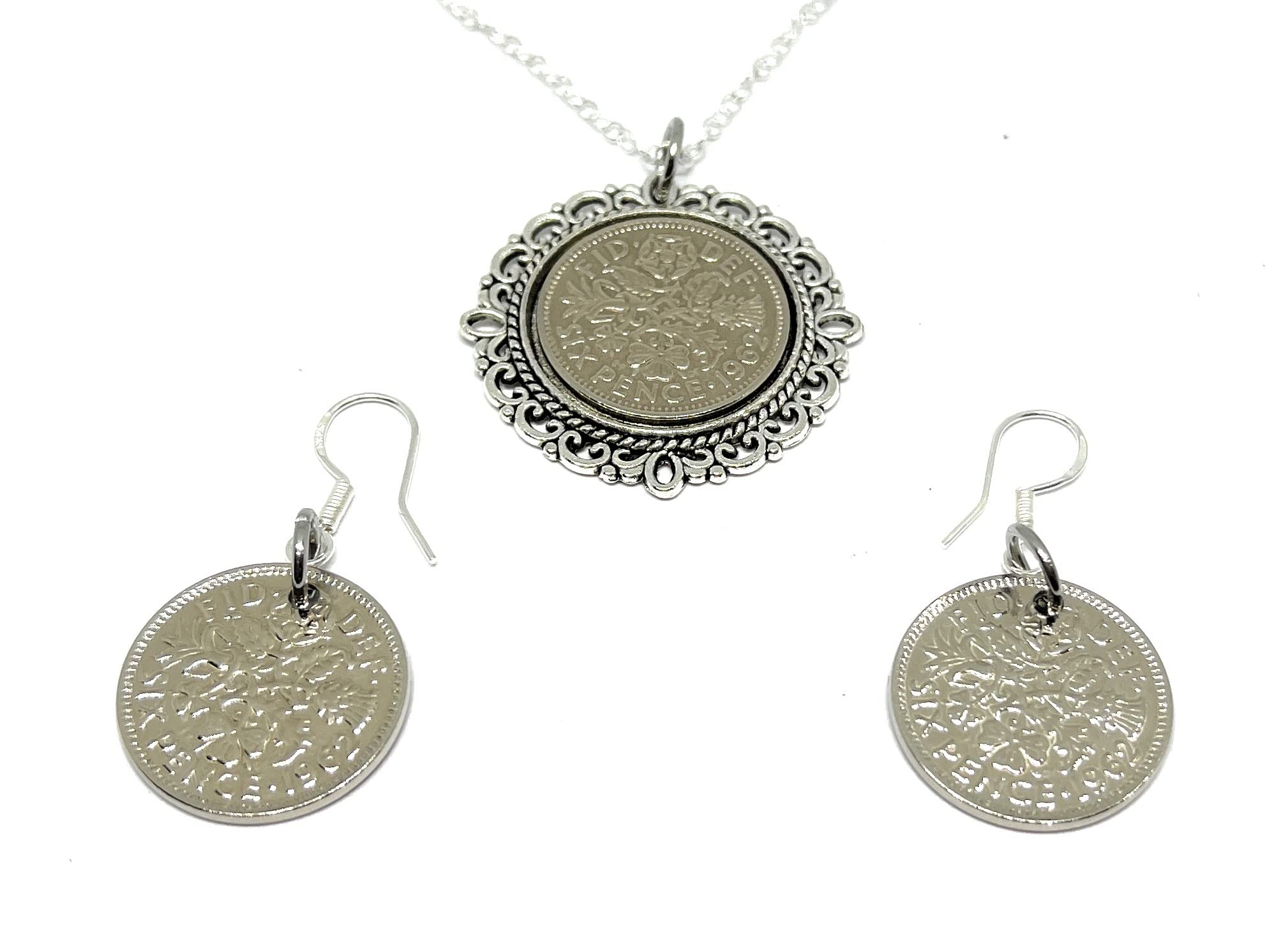 OCC Old Coin Cufflinks 1962 Original English Sixpence Fancy Pendant for a 64th birthday and 1962 Earring Set for 64th Birthday