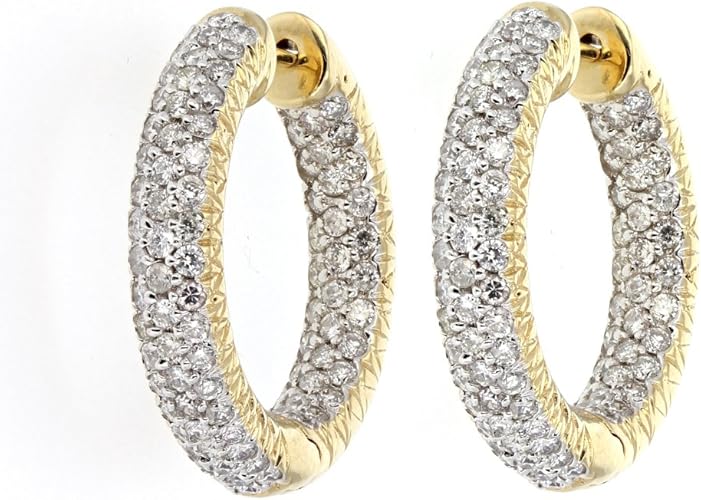 Diamond Hoop Earrings, 14Kt Yellow Gold Diamond Pave Hoop