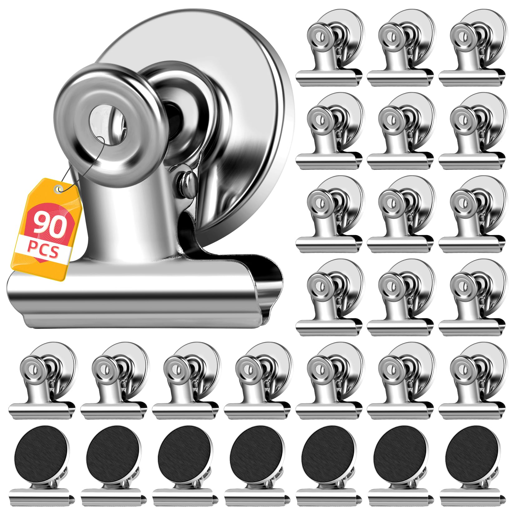 WUDIME 90 Pack Fridge Magnet Refrigerator Magnets, Strong Magnetic Clips Whiteboard Magnets, Magnet Clips Heavy Duty, Clip Magnets for Photo Displays, Home, Office, Classroom (Silver) Image