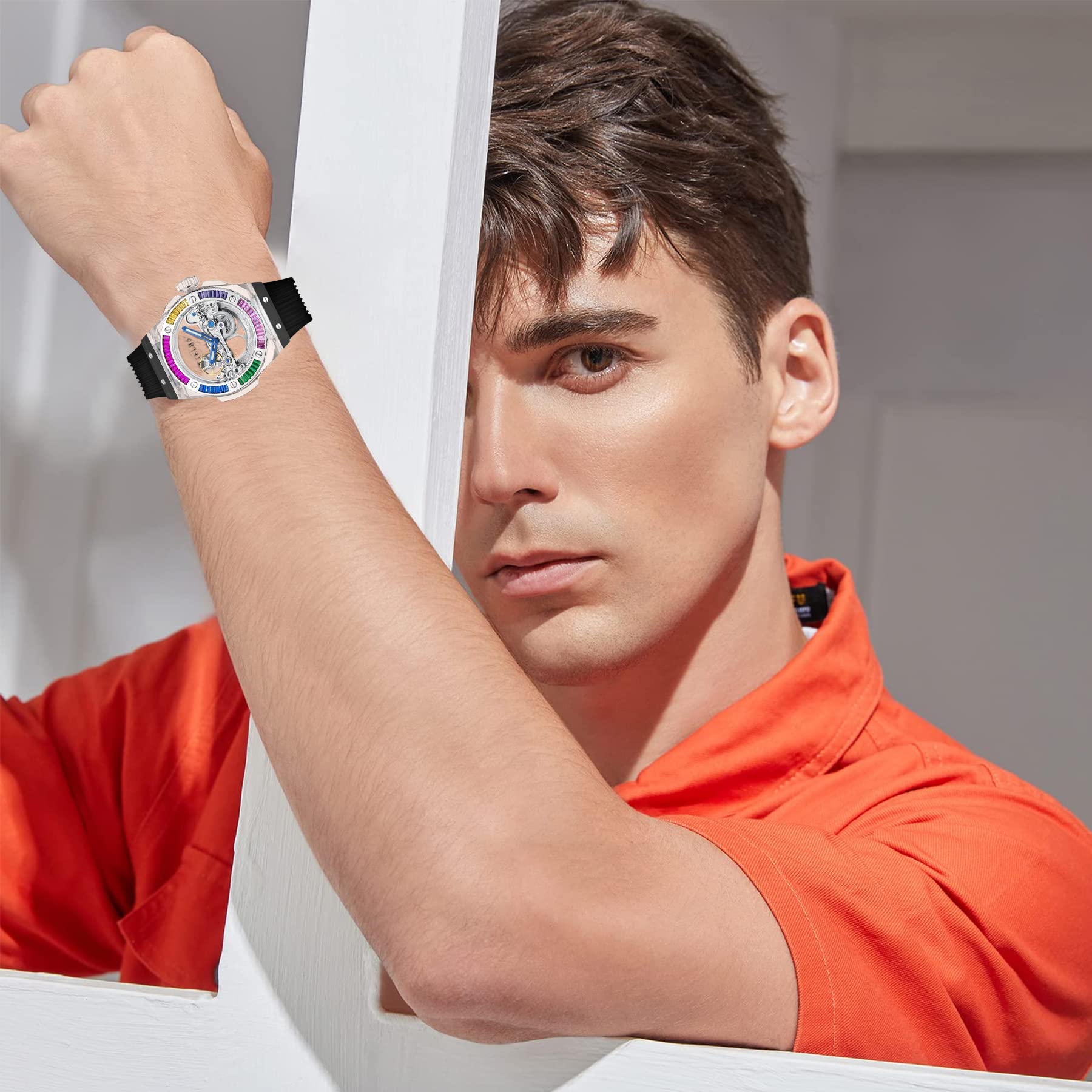 TIELBO Automatic Watches for Men,Luxury Watches for Men ,Crystal Mens Watch Skeleton Transparent Mechanical Wrist Watches Double-Sided Hollowing Waterproof Luminous Watch for Men 72H Energy Storage T711