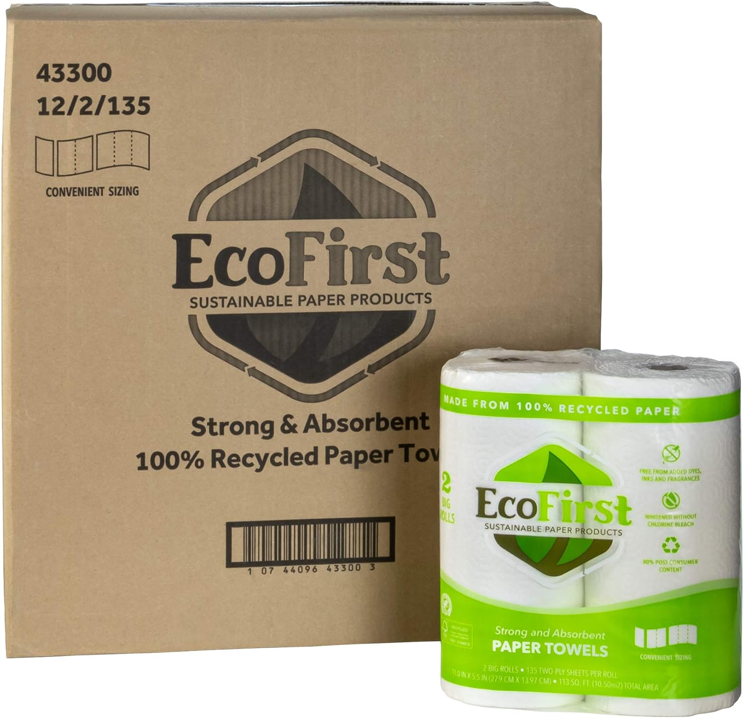 EcoFirst Recycled Paper Towels (2 Rolls) - Bulk Paper Towels - Paper Towels Half Sheet - Kitchen Paper Towels - Eco Friendly Paper Towels - Whitened Without Bleach - Free of Dyes, Inks & Fragrances: Health & Personal Care