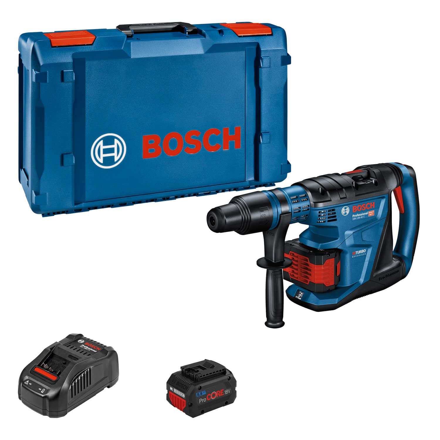 Bosch Professional 18V System BITURBO Akku Bohrhammer GBH 18V-40 C (inkl. 2x Akku ProCORE 5.5.Ah, Schnellladegerät GAL 1880 CV, Maschinentuch, Fetttube, Zusatzhandgriff, 1x XL-BOXX)