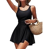 Smismivo One Piece Swim Dress Tummy Control Bathing Suit Swimsuit with Shorts and Pockets Split Swimdress Skirt