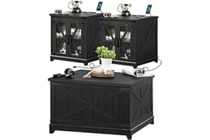 JOAXSWE Farmhouse Coffee Table Sets 3 Pieces, Large End Side Tables with Charging Station and Coffee Table with Hidden Storage Compartment, Black Living Room Table Set, Wood Furniture Sets for Home Office