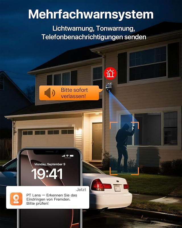 Überwachungskamera Außen mit Dual-Objektiv, 2K+2K WLAN Außenkamera mit PTZ & Festlinse, Farb-Nachtsicht, Lokaler Speicher ohne ABO, IP65, für Haus & Hof, Nur 2.4GHz