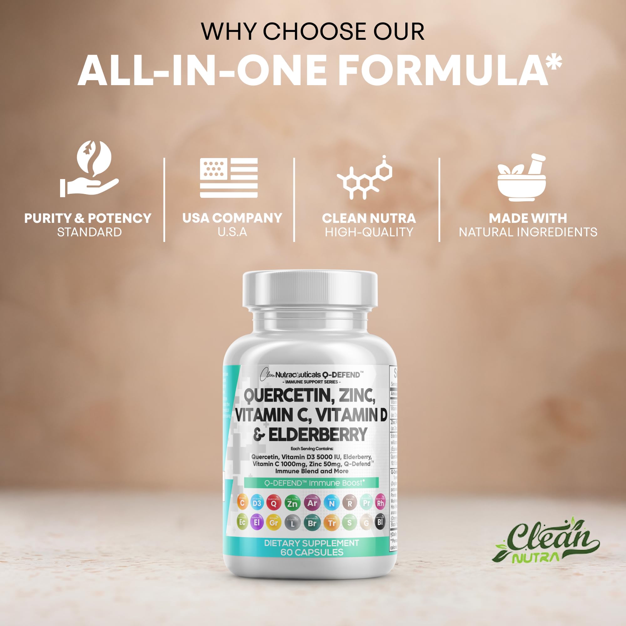 Clean Nutraceuticals Quercetin Zinc Vitamin C Vitamin D Bromelain Elderberry - Lung Immune Support Supplement Adults with Artemisinin, Sea Moss, Echinacea, Allergy Relief