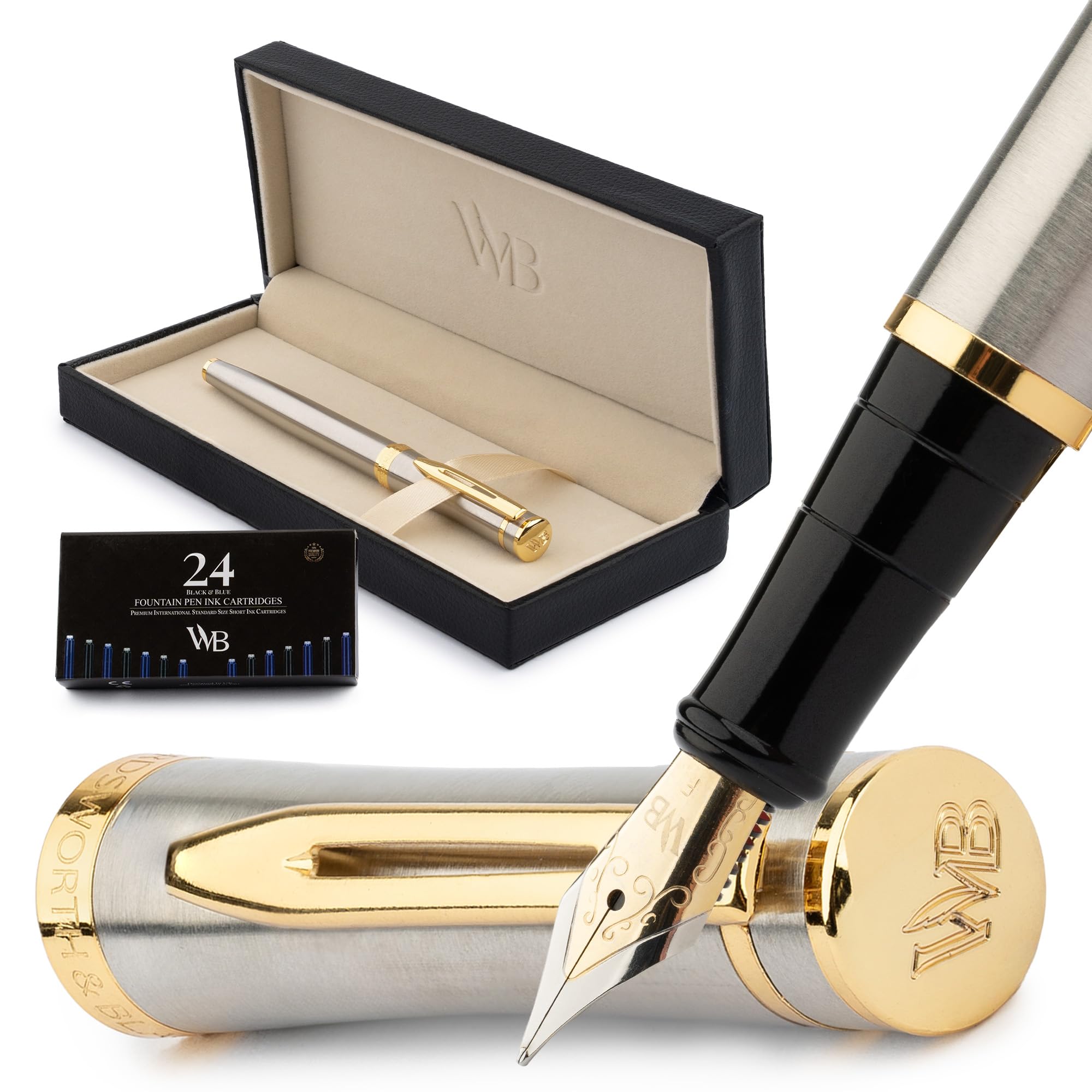 Wordsworth & Black Fountain Pen Set, 18K Gilded Fine Nib, Includes 24 Pack Ink Cartridges, Ink Refill Converter & Gift Box, Gold Finish, Calligraphy, [Silver Gold], Perfect for Men & Women — image 1