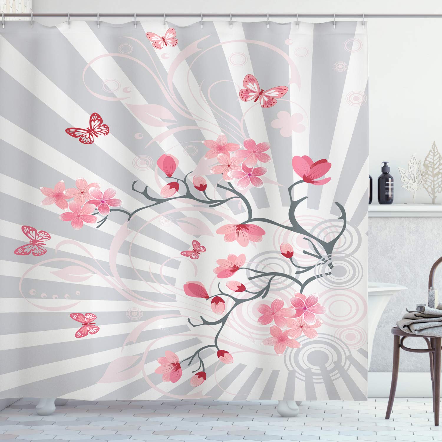 ABAKUHAUS Nature Shower Curtain, Cherry Blooming Butterflies on Stripes Sun Rays Curvy Lines Ornamental Artwork, Cloth Fabric Bathroom Decor Set with Hooks, 86 Inches Extra Long, Pale Grey Pink