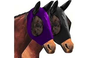 Sweetone 2 Pieces Fly Masks for Horses,Fly Masks for Horses with Ears, Comfortable&Elasticity Lycra Fly Mask UV Protection and Protection for Your Horse (Black + Purple)