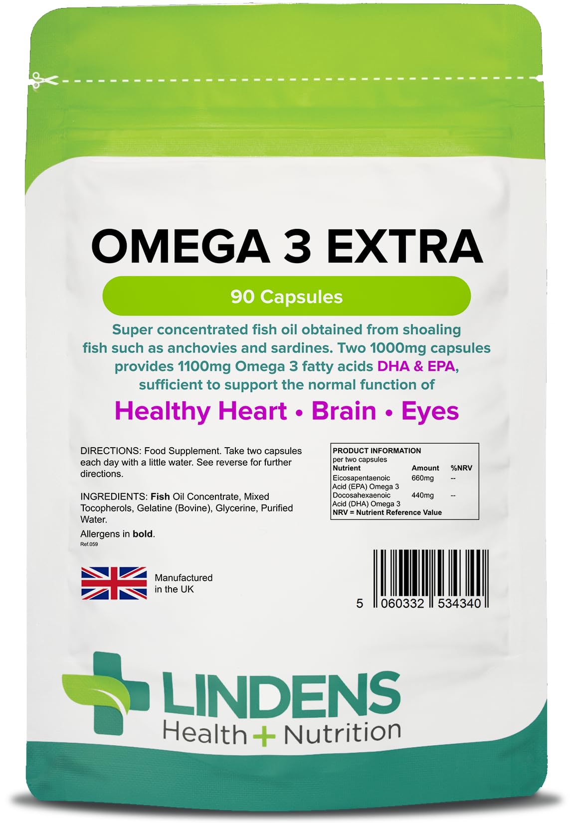 Lindens - Omega 3 Extra Fish Oil 1000mg - 90 Capsules - UK Made - 1100mg Omega 3 Fatty Acids DHA & EPA - Supports Brain, Heart & Eye Health, Joint Health, Letterbox Friendly