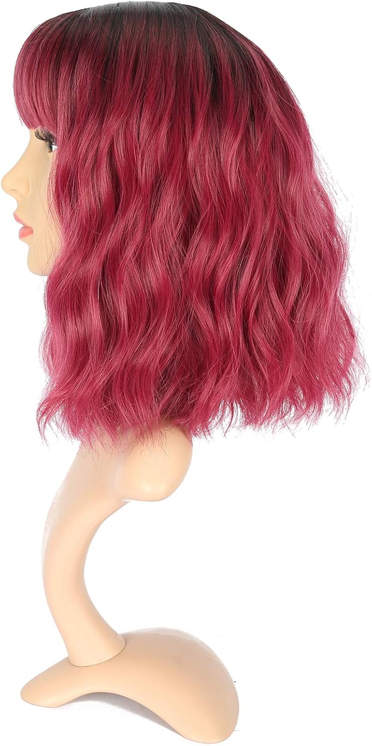 VCKOVCKO Ombre Natural Wavy Bob Wig - Air Bangs, Shoulder Length, Curly Wavy Synthetic Cosplay Wig - Colorful, 12" - Black to WineRed - Image 4