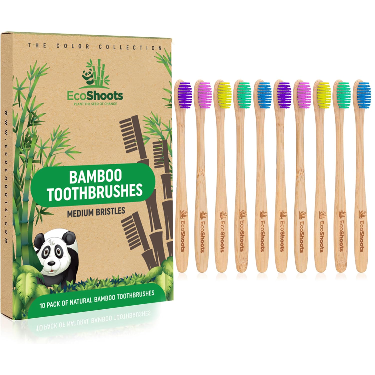 EcoShoots Adults Bamboo Toothbrushes with Medium Bristles - Family Pack of 10 Natural Bamboo Toothbrush - Eco-Friendly Natural Wooden Toothbrush - Organic Biodegradable Handle - BPA Free Tooth Brushes