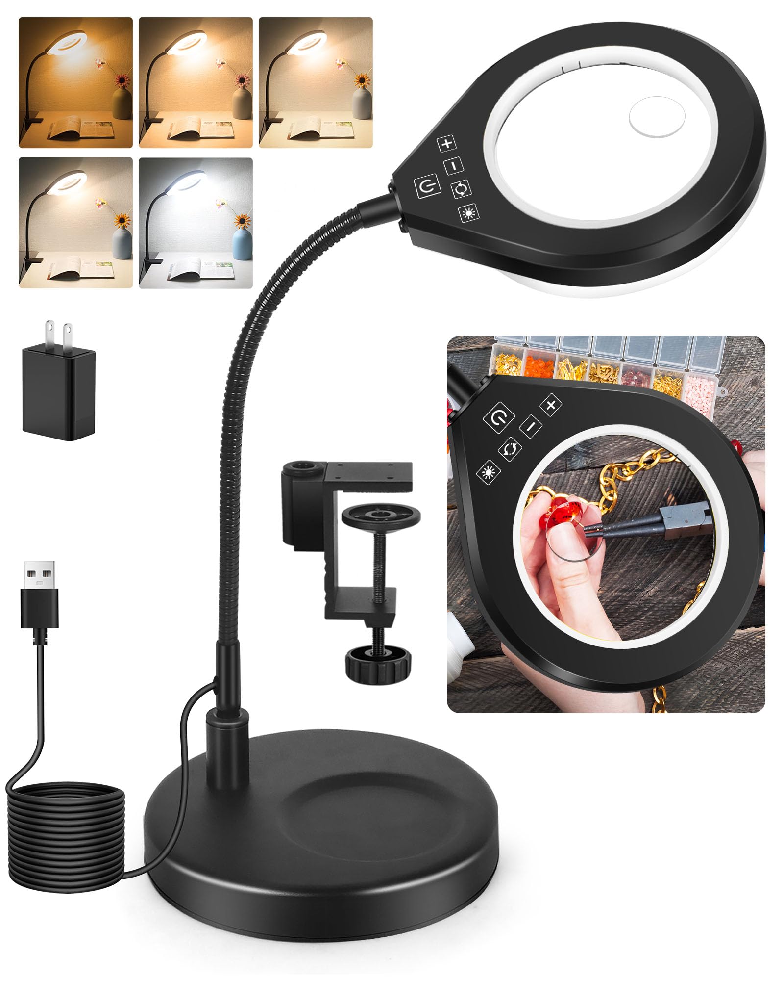 Photo 1 of ?Flexible Gooseneck 2-in-1 Magnifying Glass with Light and Stand,10x & 5x Real Glass Lens Magnifying Lamp, 5 Color Stepless Hands-Free LED Desk Lamp with Clamp for Painting, Crafts, Reading (White)