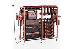 Xankzi Power Tools Organizer Cart with Charging Power Strip,6-Tier Garage Rolling Tool Utility Cart,Cabinet Box Power Tool Rack with 8 Hooks, 6 Load-Bearing Wheels for Workshop (Red)