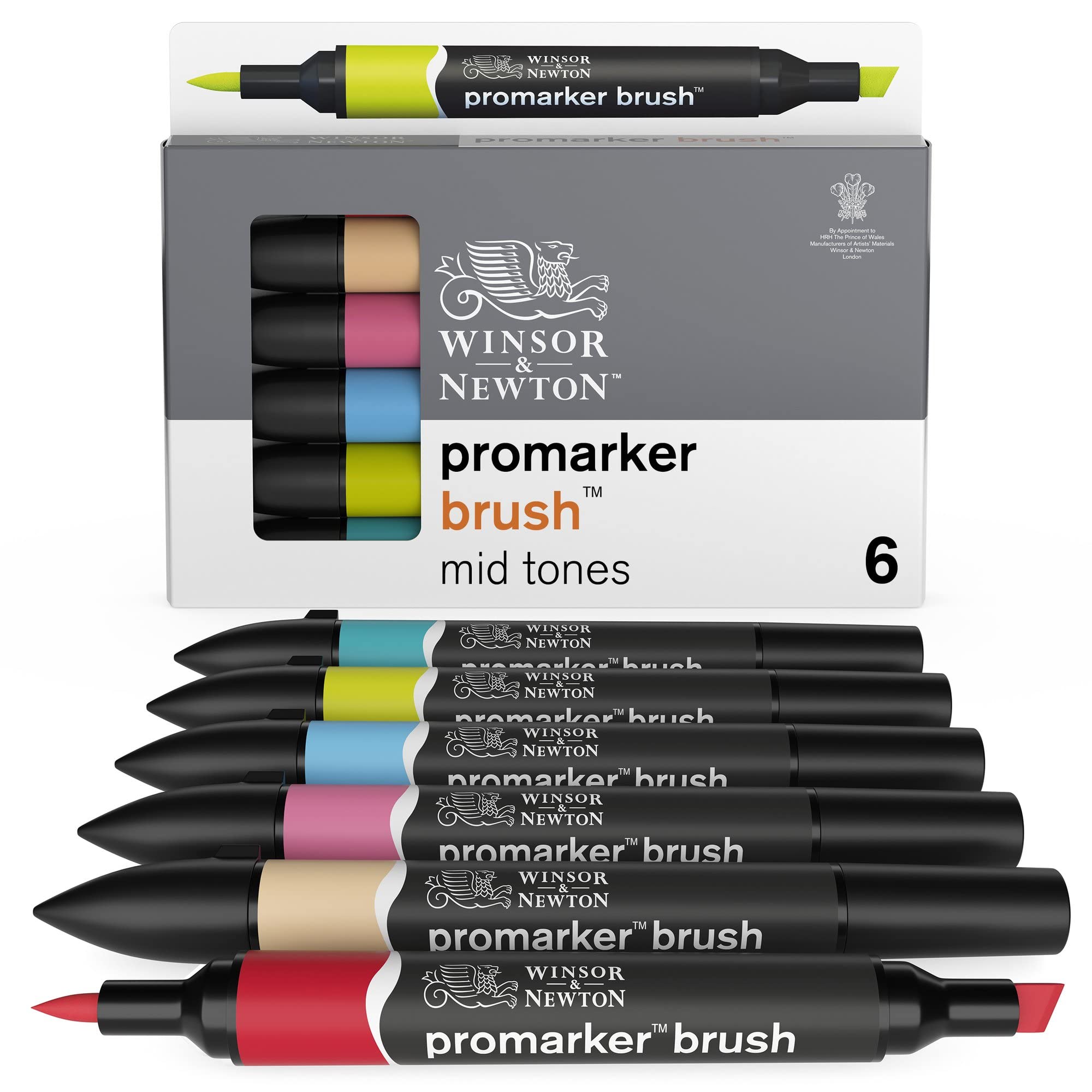 Winsor & Newton, Promarker Brush, Mid Tones, Set of 6, Alcohol Based Dual Tip Markers