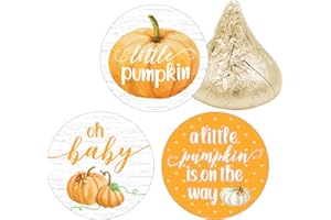 DISTINCTIVS Orange Little Pumpkin Baby Shower Kisses Candy Stickers, Fall Baby Shower Party Favor Stickers - 180 Labels