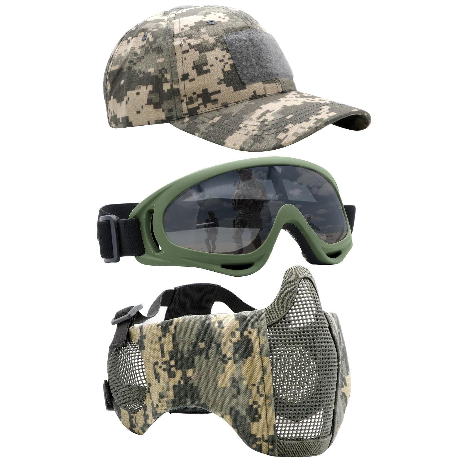 Yzpacc Airsoft Half Face Mask with Goggles& Patch Hat Set, Tactical Masks Full Face Ear Protective Baseball Cap for CS Halloween and Game (ACU, 3PCS)