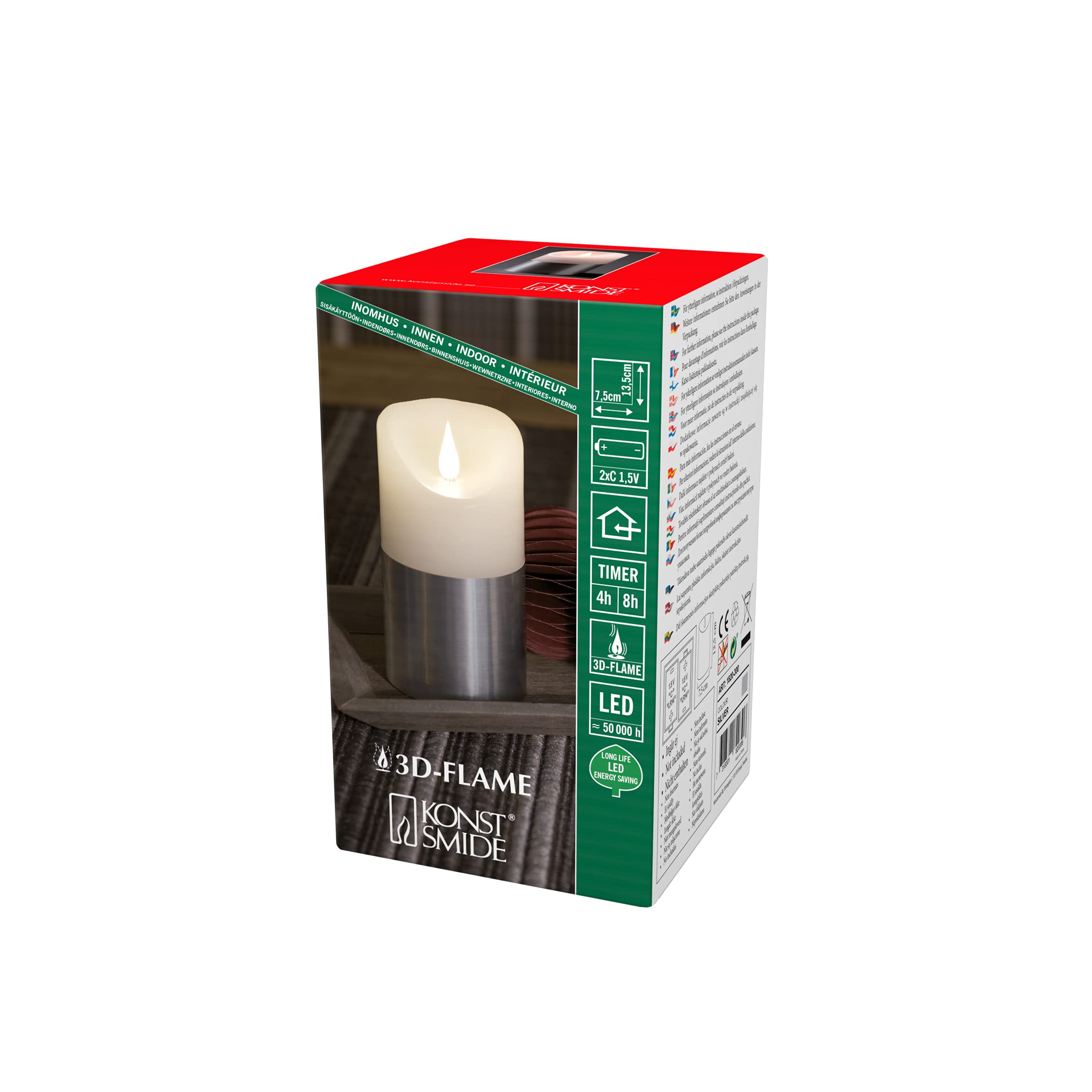 Konstsmide, 1820-300 LED Real Wax Candle, White, with Silver-Coloured Banderole, 3D Flame, 4h and 8h Timer, Warm White Diode, Battery Operated, Indoor 13.5 cm