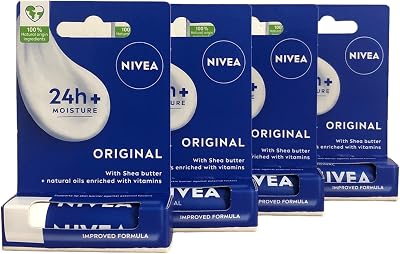 NIVEA Lip Balm Original Care Pack of 4 x 4.8g Shea Butter Natural Oils