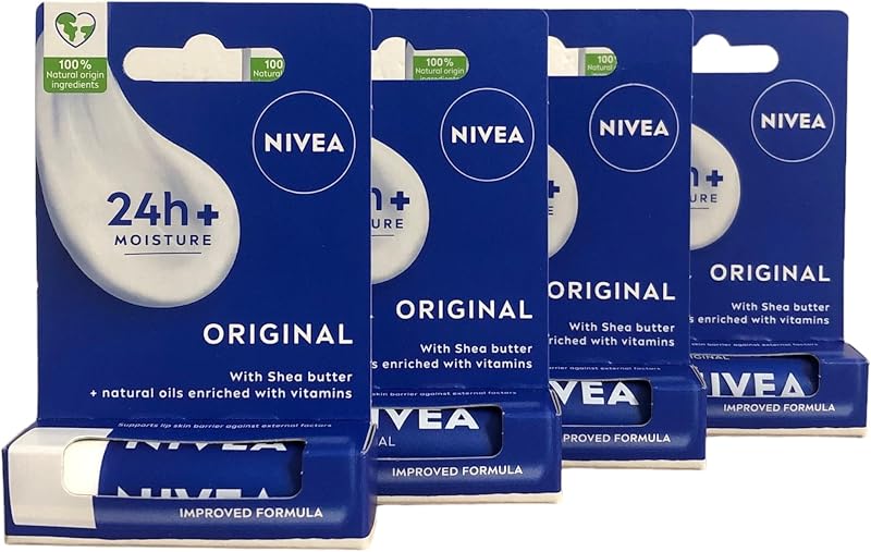NIVEA Lip Balm Original Care Pack of 4 x 4.8g Shea Butter Natural Oils