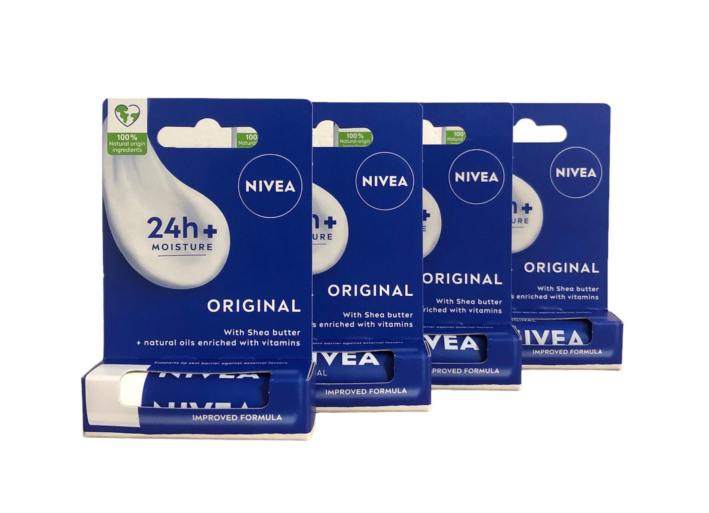 NIVEA Lip Balm Original Care Pack of 4 (4 x 4.8g) Protective Lip Moisturiser with Shea Butter and Natural Oils, Caring Lip Balm for 24h Moisture Care, Lip Care with Melt-In Formula