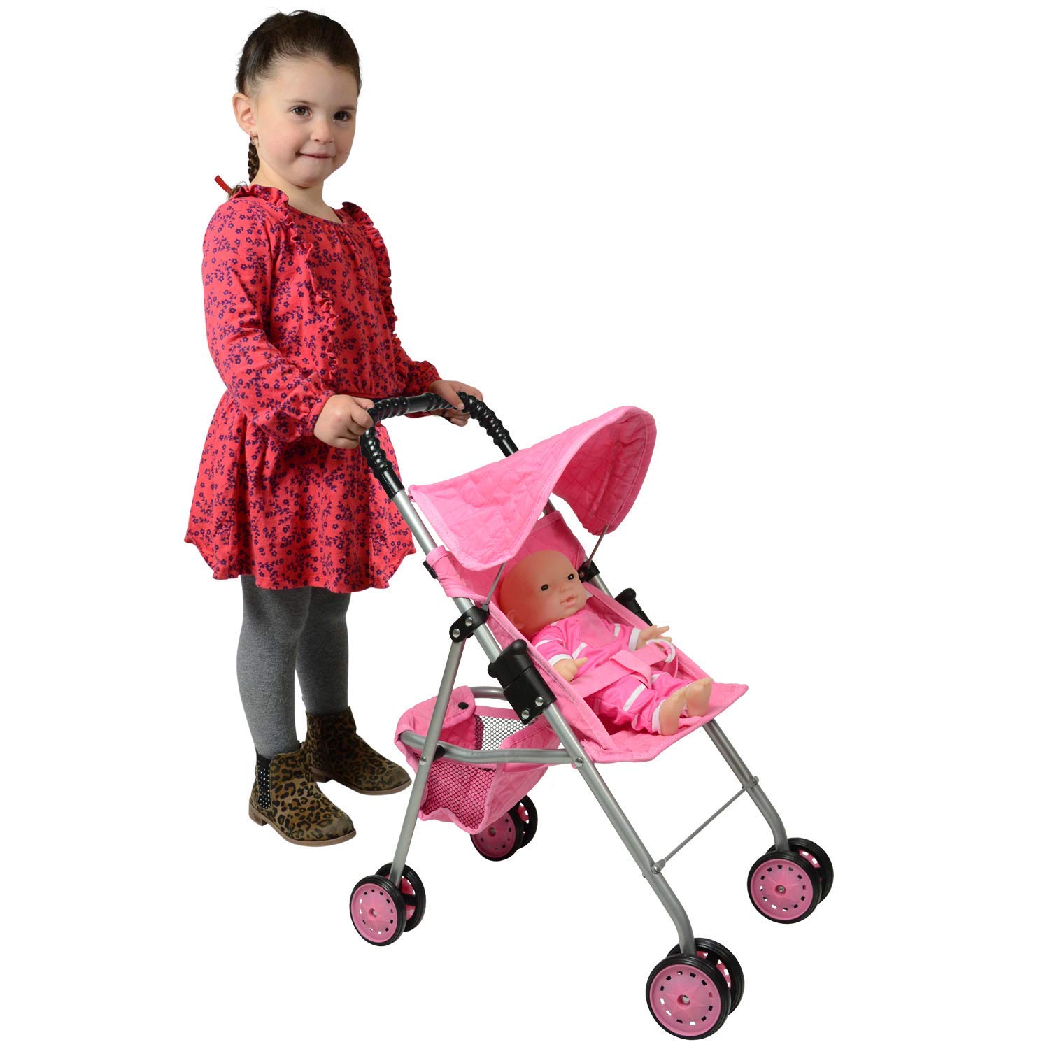 The New York Doll Collection My First Doll Stroller with Basket, Foldable Doll Stroller (Pink Quilted)