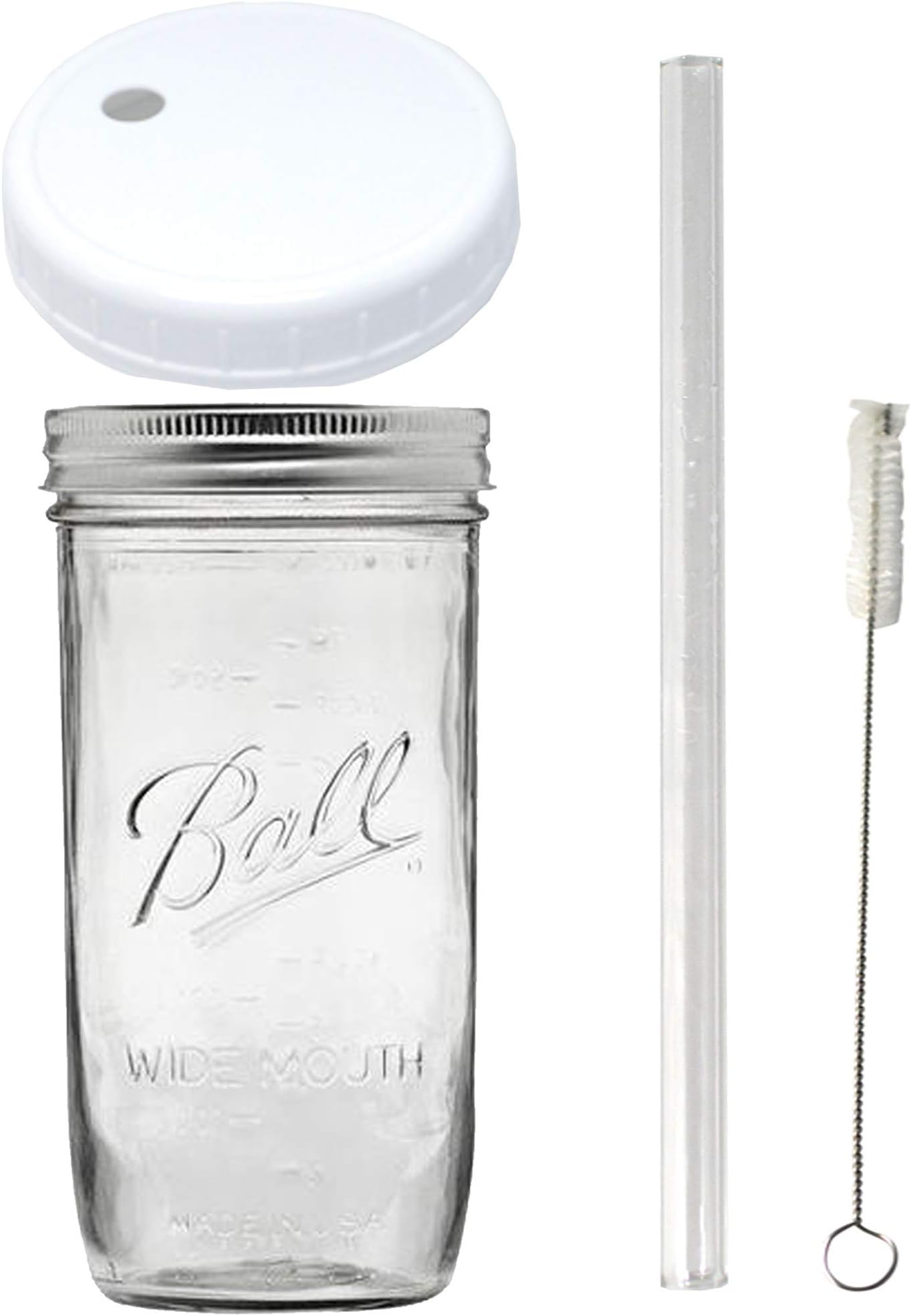 1 (24oz) Glass Mason Drinking Jar with 1 Glass Straw and 1 Wide Mouth Reusable Lid, 1 Straw Cleaner