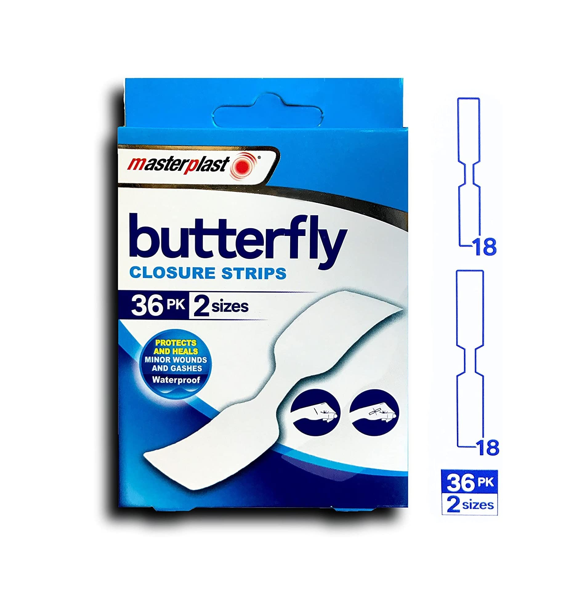 Masterplast Butterfly Wound Closure Strips | Waterproof, Protects & Heals Gashes and Cuts, 2 Sizes - 36 Strips