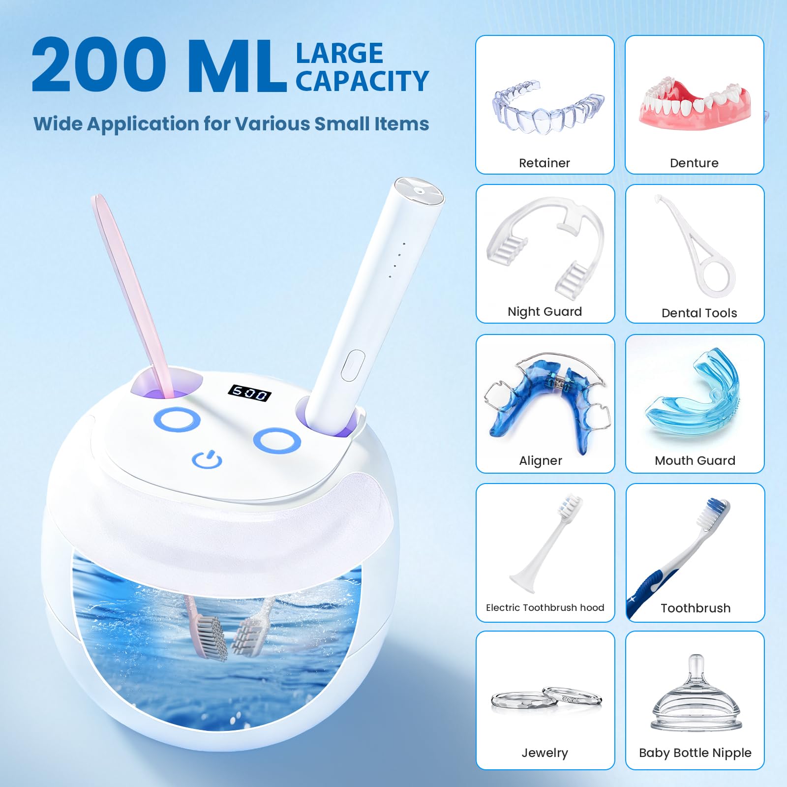 Ultrasonic Retainer Cleaner Machine, 45kHz Ultrasonic Cleaner for Dentures, U-V Light, 4 Modes for Retainer, Dentures, Aligners, Mouth Guards, Night Guards, Toothbrush Heads, Whitening Trays, Jewelry